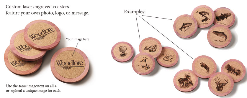 Personalized Laser Engraved Cedar and Cork Drink Coasters Personalized Laser Engraved Cedar and Cork Drink Coasters
