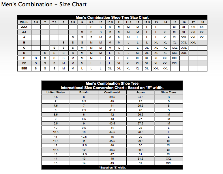Nordstrom Cedar Shoe Tree Size Chart